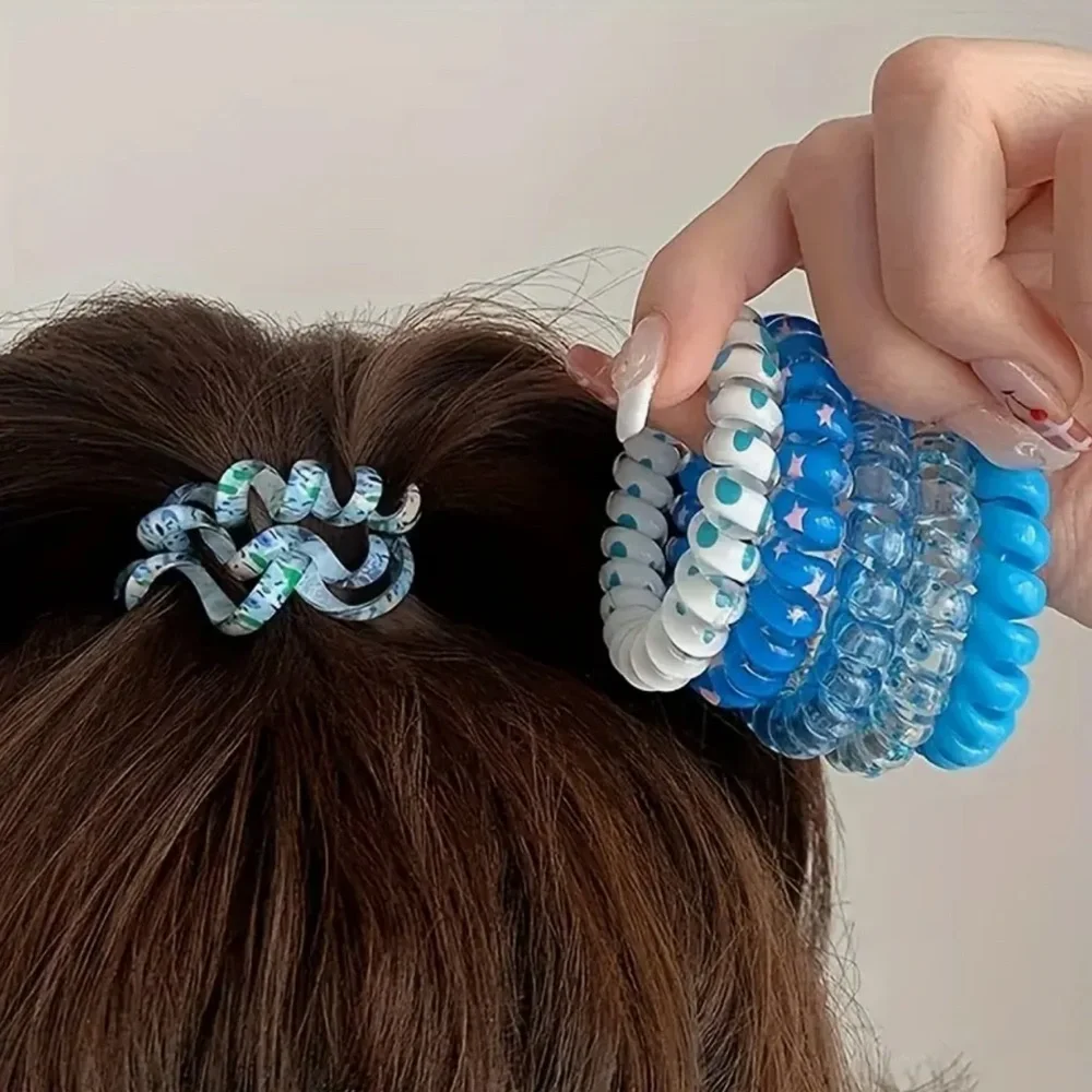 Coil Hair Ties Floral 6pcs Spiral Pony Tail Jelly Blue Candy Color